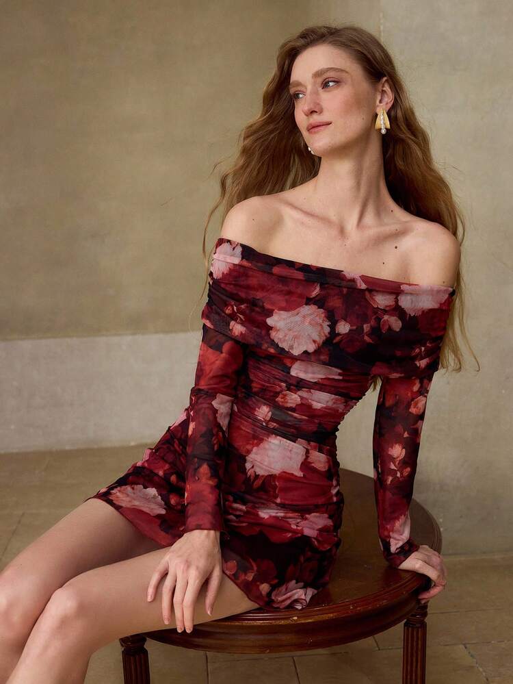 FRENCH ROMANTIC ROSE OFF THE SHOULDER RUCHED WAIST SLIM FIT BODYCON DRESS