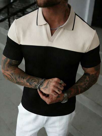 EGENSIO Men's Knitted Textured Jacquard Ribbed Solid Color Polo Shirt