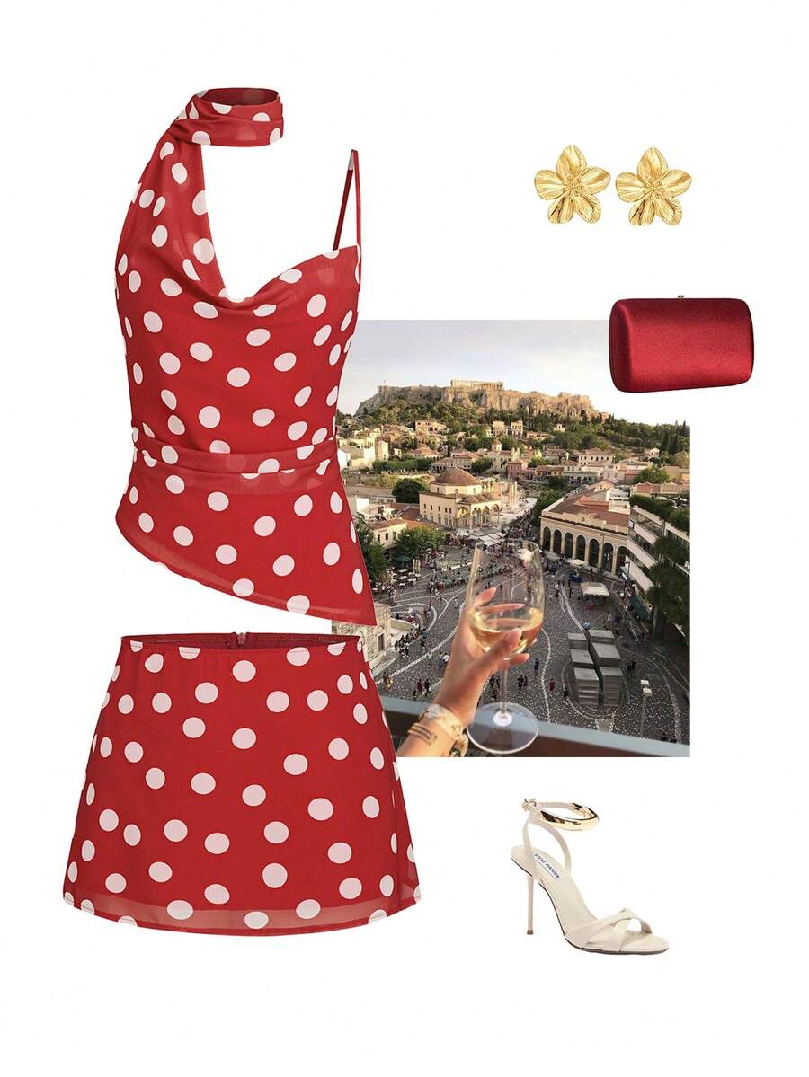 Qadelle Bộ đồ 2 món dành cho nữ mùa hè, gồm áo và chân váy ngắn bằng vải chiffon chấm bi đỏ trắng, cổ bèo bất đối xứng.