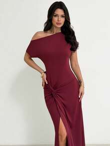 Firerie Women's Elegant Romantic Date Party Tight Dress, Wine Red Asymmetric Sleeve Ruched Twist Hem Slit Bodycon Dress, Wedding Guest Dress, Valentine's Day - Burgundy - View 7