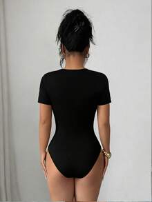 Elenzga 女士蝴蝶结装饰圆领短袖连体衣 - 黑與白 - 查看 3