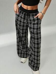 SHEIN PETITE Women's Casual Loose Checked Wide Leg Pants - Black and White - View 1