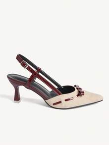 CUCCOO CHICEST 女士高跟鞋，春夏新款，蝴蝶结装饰，尖头，细高跟，卡其色仿麂皮和酒红色拼接PU皮革，优雅约会之选，浪漫甜美露趾鞋 - 杏色 - 查看 8