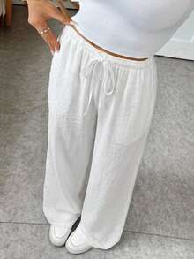 SHEIN 少女日常穿搭休闲基本款松紧腰白色阔腿裤，适合返校季 - 白色 - 查看 1