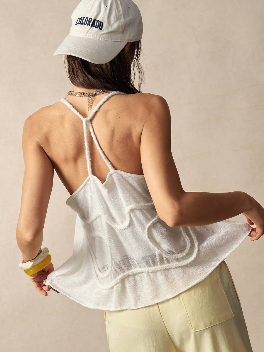 Bohemela 女士夏季休闲度假浪漫优雅法式海滩波西米亚乡村音乐节针织3D图案A字白色针织上衣，女士夏季穿搭，自由休闲风格，海滩装，夏季度假装，派对装 - 白色 - 查看 1