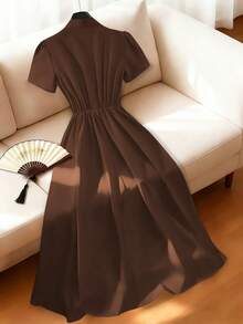 SHEIN Franclia Vestido de manga corta con diseño de botones elegante y retro para mujer - Café integral - Ver 2