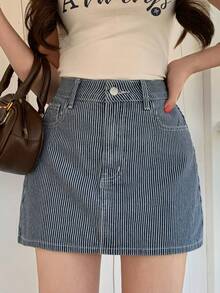 DAZY Falda vaquera recta y corta de rayas casuales para mujer, de verano - Azul lavado medio - Ver 1