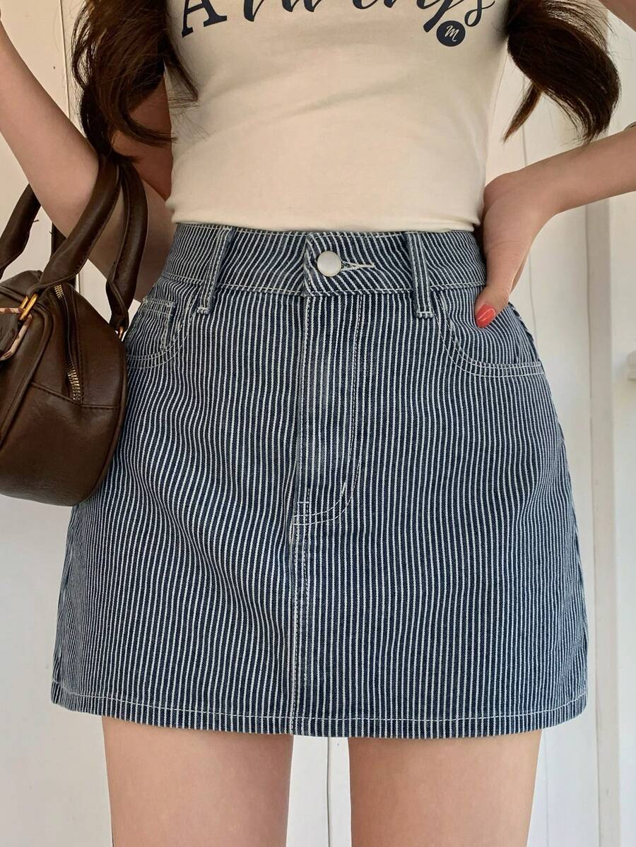 DAZY Falda vaquera recta y corta de rayas casuales para mujer, de verano - Azul lavado medio - Ver 1