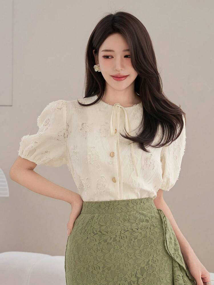 Textured Embroidered Fabric Collared Princess Sleeve Elegant Formal Summer Blouse For Women