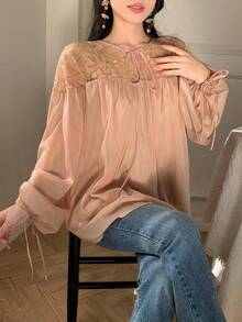 DAZY Mesh Jacquard Splice Chiffon Loose Long Sleeve Pullover Elegant Summer Blouse For Women - Pink - View 7