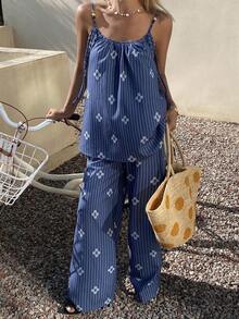 DAZY 女士宽松条纹印花吊带背心和阔腿裤两件套度假套装 - 藍色 - 查看 3