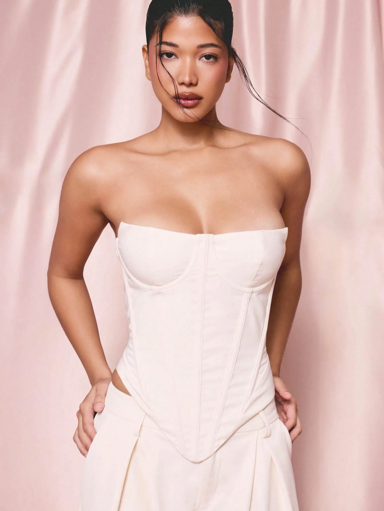 KIZN Strapless Cream Corset Top With Structured Boning