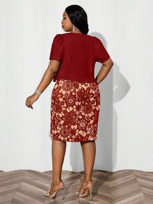 Fleurora 大码女士商务优雅花瓣袖印花绿色中长款两件套 - 紅色 - 查看 4