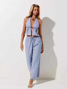 SHEIN ICON 2026 New Arrive Women's Striped Halter Crop Top And Pants Two Pieces Set, Summer - Blue - View 7