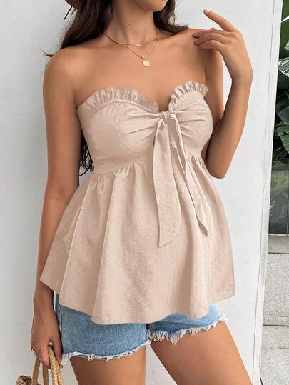 SHEIN Maternity Solid Color Frill Trim Front Tie Camisole Top