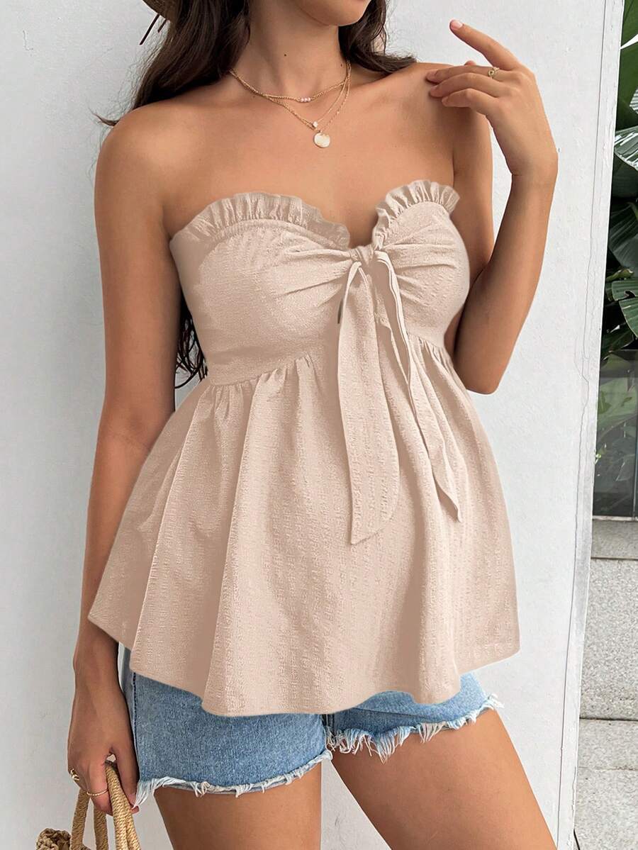SHEIN Maternity Solid Color Frill Trim Front Tie Camisole Top - Apricot - View 1