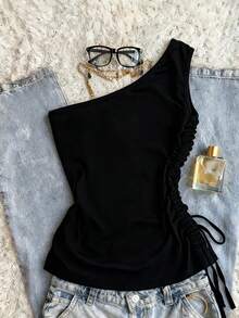 Glimmora Áo thun nữ kiểu dáng ôm sát, vai lệch, họa tiết hoa kim loại, dây rút, chất liệu mới về, ôm sát cơ thể, có họa tiết bất đối xứng, gợi cảm. - màu đen - Xem 2