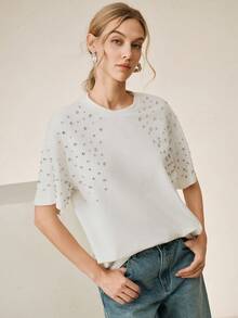 Anewsta 女士白色圆领水钻装饰纯棉休闲T恤 - 白色 - 查看 4