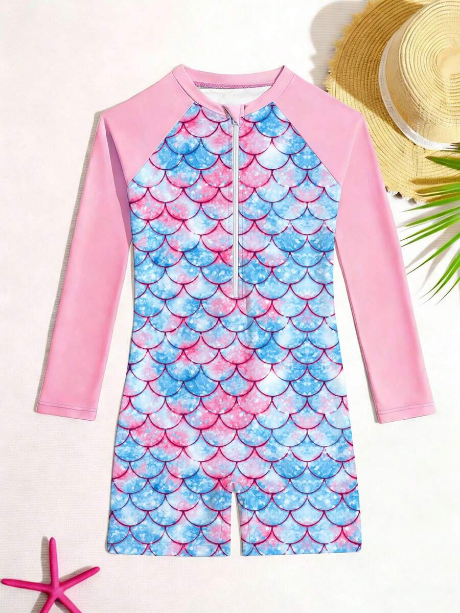 SHEIN 少女粉色魚鱗紋 1 件式泳衣,可愛長袖防曬衝浪衣,快乾夏季海灘度假泳裝,附拉鍊 - 彩色 - 查看 1