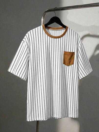 EASEVO 男士加大码休闲度假通勤撞色口袋条纹印花短袖T恤