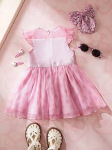 HELLO KITTY AND FRIENDS | SHEIN Baby Girl Round Neck Letter & Cartoon Print Bow Decor Fashion Party & Casual Dress - Pink - View 2