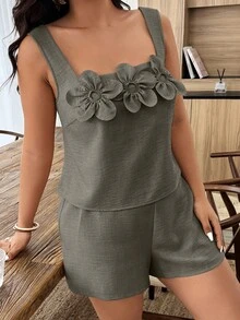 Bộ trang phục thường ngày ngắn tay cổ vuông họa tiết hoa dành cho nữ cỡ lớn mùa xuân/hè. - xanh quân đội - Xem 4