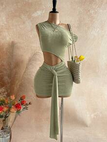 Soleia Spring/Summer New Casual Vacation Western Beach Wedding Guest Attire Graduation Brunch St. Patrick's Day Spring Break Easter Music Festival Elegant Bohemian Tropical Chic Waist Cutout Date Party Ruffle Asymmetric Neck Metal Decor Women Mini Dress Vintage Outfit For Women - Green - View 5