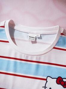 HELLO KITTY AND FRIENDS | SHEIN 少女休闲条纹猫咪印花圆领落肩T恤，夏季 - 彩色 - 查看 3