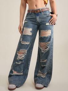 SHEIN Tall Women's Pocket Button Distressed Casual Versatile Daily Wear Wide Leg Jeans - Blue - View 6