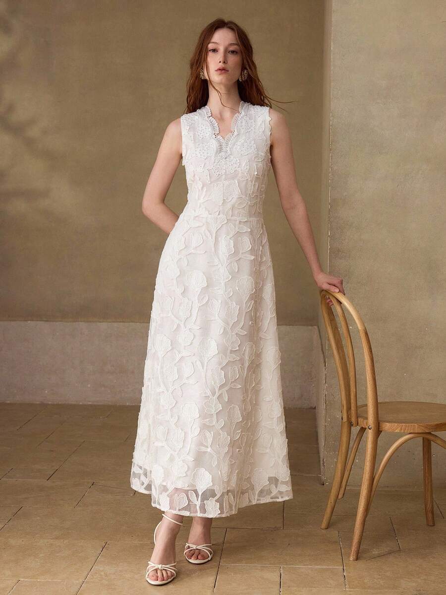 MOTF PREMIUM EMBROIDERED V-NECK SLEEVELESS BEADED ELEGANT VACATION WHITE DRESS - White - View 1