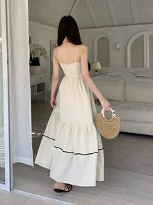 FRIFUL Women's Spaghetti Strap Lace Patchwork Bow Tie Front A-Line Dress, Vacation Style Maxi Dress - White - View 3