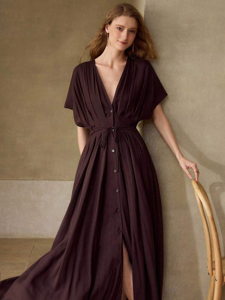 FASHIONABLE V-NECK PLEATED BATWING SLEEVE BELTED LOOSE WAIST CASUAL DRESS FOR WOMEN