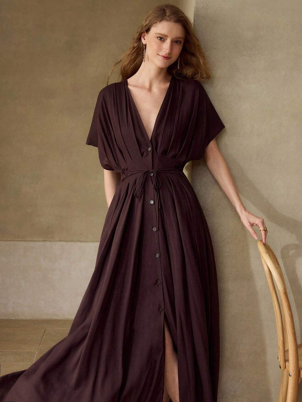 FASHIONABLE V-NECK PLEATED BATWING SLEEVE BELTED LOOSE WAIST CASUAL DRESS FOR WOMEN