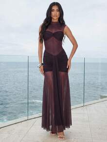 Lumalex Đầm không tay cổ xếp ly phối lưới màu trơn dành cho nữ - Màu Đỏ Sâu - Xem 1