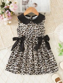 SHEIN 少女时尚夏季豹纹蝴蝶结领A字公主裙，豹纹连衣裙，优雅、可爱、休闲，适合外出、街头穿搭、节日及各种场合。 - 彩色 - 查看 3