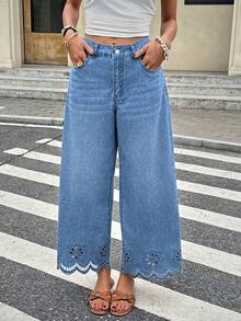 Serisse 女士口袋纽扣休闲百搭日常穿着阔腿牛仔裤 - 藍色 - 查看 6