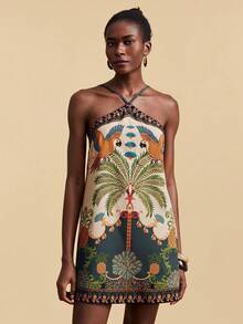 Travachic Women's Palm Tree Print Halter Neck Elegant Vacation Dress - Multicolor - View 1