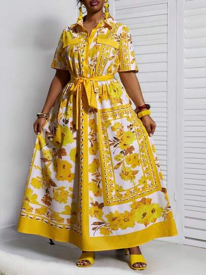 Slaydiva 2026 Early Spring Plus Size Women's New Music Festival, Easter, Western, Nomadic, Birthday Party, Beach Vacation, Sunbathing, Viral Hit, Street Style, Wedding Guest Boho, Commute, Brunch, Airport, Party, Holiday Outing, Elegant Banquet, Ball Floral Print Waist Cinching Short Sleeve Shirt Maxi Dress