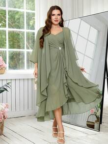 Reflora Plus Size Women's Sage Green Summer Elegant Dress & Robe Set,Ruffle Trim Rhinestone Camisole Dress,Wedding Guest Formal Party Luxury Evening Gown - Green - View 7