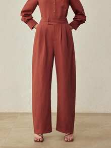 MOTF PREMIUM HIGH-WAISTED LINEN WIDE LEG PANTS, VINTAGE STYLE, SPRING/SUMMER - Redwood - View 3