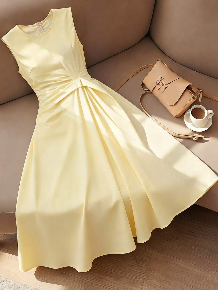 GlowEve Women's Summer Sleeveless Pleated Yellow Dress, Elegant Dress - Yellow - View 1