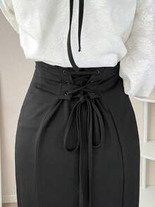 FRIFUL Chân váy dài nữ màu trơn thắt eo nơ, dáng đuôi cá, kiểu dáng thường ngày đa năng cho mùa xuân/hè. - màu đen - Xem 6