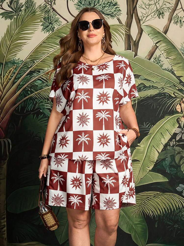 Plus Size Women's Summer Beach Vacation Checkerboard Tropical Print Batwing Loose Top And Shorts 2 Pieces Set Summer Outfits Beach Vacation Outfits For Women BOHO Clothes Women Vacation Outfit Sets Hawaian Outfit For Women Plus Size Plus Size Women Clothes Summer Clothes Plus Size Women's Summer Outfits