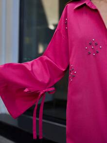 EURMUSE Cotton Floral Embroidery Knot Cuff Drop Shoulder Shirt - Pink - View 6