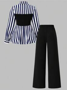 SHEIN Clasi 大码优雅通勤印花长袖衬衫和纯色长裤两件套 - 寶藍色 - 查看 2