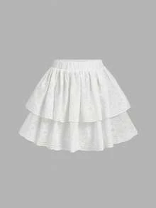 SHEIN MOD 白色双层刺绣荷叶边半身裙 - 白色 - 查看 5
