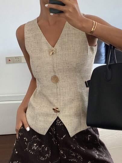 DAZY Chaqueta delgada sin mangas con escote en V y decoración de hebilla metálica en la cintura, elegante y formal para mujeres en verano