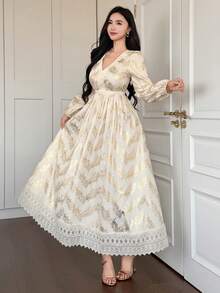 DAZY 撞色蕾丝V领宽松长袖优雅度假连衣裙（女士款） - 杏色 - 查看 4