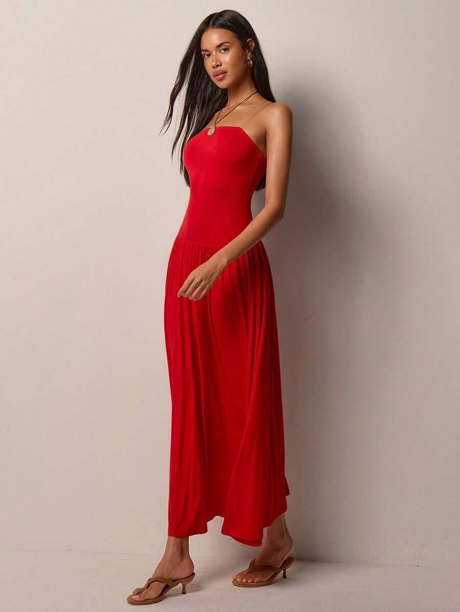 COSMINA Robe élégante froncée sans bretelles pour femmes, convient pour le printemps, les vacances, les rendez-vous, la Saint-Valentin, la plage - Rouge - Voir 1
