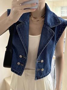 Livesso Áo sơ mi denim không tay dáng rộng dành cho nữ có cổ - Màu xanh lam - Xem 6